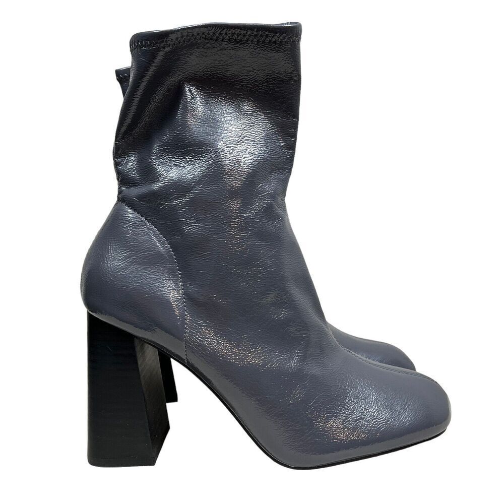 Top Shop Brody Boots Patent Stretch Pull On Block Heel Gray Women's Size EUR 41